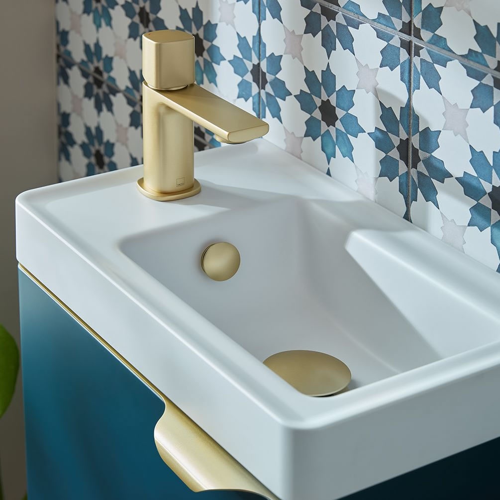 Vado Cameo Leverless Satin Brass Mini Mono Basin Mixer With Waste - Lifestyle Image 1